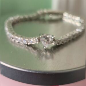 Girls Sterling Silver Crystal Tennis Bracelet w/ Center HEART SHAPED Solitaire